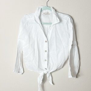 Puro Lino Italian White Button Down Shirt Tie Waist Relaxed Fit size S /M